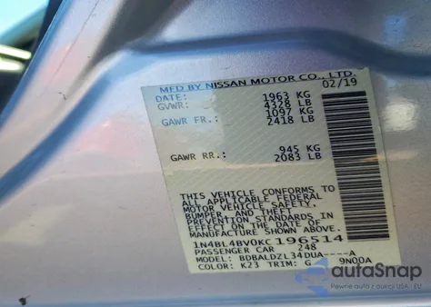 2019 Nissan Altima S z USA, uszkodzony, nr VIN 1N4BL4BV0KC196514